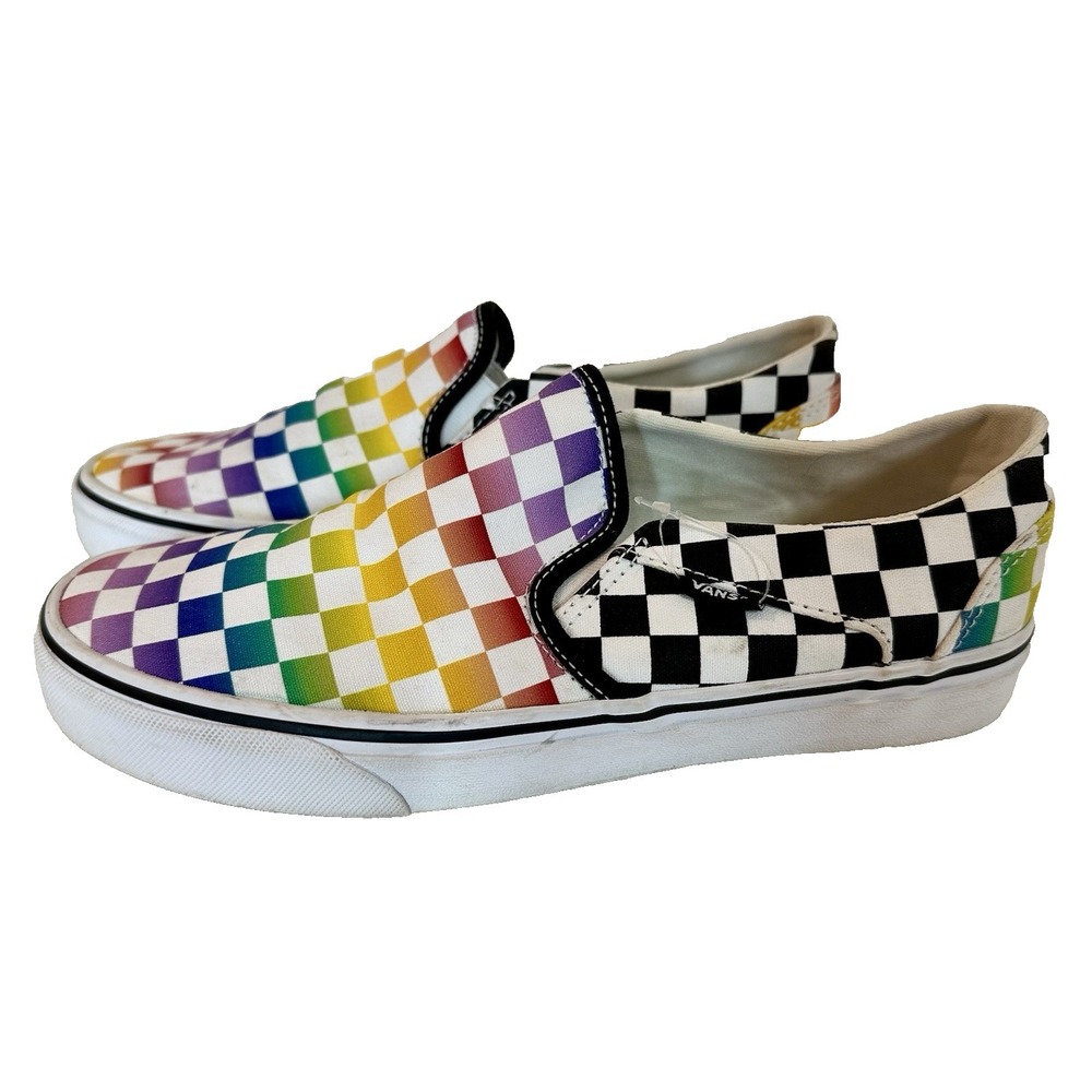 Vans Sneakers Classic Slip On Skate Shoes Checker Multi Color Rainbow Womens 10